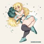  absurd_res areola blonde_hair bottomwear breasts butt cheerleader clothed clothing elf female hair hi_res humanoid no_underwear not_furry pom_poms sandcavern skirt solo 