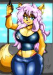  2018 akatsukishiranui-fox anthro artist_name beauty_mark big_breasts blue_eyes bottomwear breasts brown_body brown_fur canid canine cleavage clothed clothing curvaceous curvy_figure denim denim_clothing detailed_background digital_drawing_(artwork) digital_media_(artwork) ear_piercing ear_ring eyelashes female fingers fluffy fluffy_tail fox fur hair hand_in_pocket hi_res hourglass_figure inside inside_train jeans looking_at_viewer mammal markings midriff mole_(marking) multicolored_body multicolored_fur nidia_rose pants piercing pink_hair pockets ring_piercing shirt signature small_waist smile solo tan_body tan_fur tank_top thick_thighs thong_straps topwear two_tone_body two_tone_fur voluptuous wide_hips 
