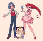  1boy 1girl alternate_costume apron bangs black_ribbon blue_eyes bright_pupils brown_footwear buttons cherry closed_mouth collared_dress commentary_request dress earrings food fruit green_eyes highres holding holding_poke_ball ice_cream ice_cream_cone james_(pokemon) jessie_(pokemon) jewelry long_hair long_sleeves meowth neck_ribbon pants pink_dress poke_ball poke_ball_(basic) pokemon pokemon_(anime) pokemon_(creature) red_footwear red_hair red_vest ribbon shirt shoes short_hair short_sleeves smile standing themed_object uraduka_nuntora vest white_apron white_pupils wobbuffet 
