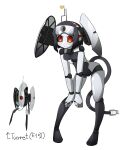  1girl absurdres antennae black_hair black_sclera cable cable_tail colored_sclera colored_skin commentary_request full_body gomulgong highres humanoid_robot joints leaning_forward mechanical_tail personification portal_(series) red_eyes reference_inset robot_joints short_hair solo standing tail turret_(portal) white_background white_skin 
