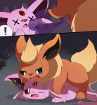  absurd_res ambiguous_gender bodily_fluids breath drooling duo eeveelution espeon flareon generation_1_pokemon generation_2_pokemon hi_res khaki_leaf nintendo on_top poison pokemon pokemon_(species) questionable_consent saliva smile video_games 