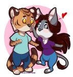  anthro canid canine canis chibi clothing duo felid female jumping long_tail male male/female mammal pantherine panties renita shirt spouse stripes t-shirt tiger topwear underwear vikram volodyanocturne wolf 