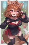  1girl animal_ears apple artist_name breasts brown_hair character_request cleavage copyright_request fingerless_gloves fingernails food fruit gloves highres large_breasts nail_polish open_mouth raccoon_ears raccoon_girl raccoon_tail red_eyes short_hair solo tail trente 