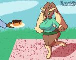  anthro big_breasts big_butt bottomwear breasts butt cake clothed clothing curvy_figure dessert female food generation_4_pokemon hi_res holding_object huge_breasts huge_butt lopunny nintendo nokamiwd open_mouth picnic pokemon pokemon_(species) short_stack simple_background skirt slightly_chubby smile solo sweater thick_thighs topwear video_games wide_hips 