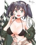  1girl alternate_costume bikini black_hair blue_eyes breasts checkered_flag commentary_request cowboy_shot flag front-tie_bikini_top front-tie_top green_jacket highres jacket kantai_collection large_breasts long_hair looking_at_viewer matsunaga_(haku) race_queen shorts simple_background solo souryuu_(kancolle) swimsuit translation_request twintails white_background white_shorts 