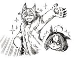  2girls ^^^ ahoge animal_costume animal_ears bangs chibi chibi_inset claws closed_eyes emphasis_lines greyscale hand_on_hip horse_ears little_red_riding_hood mame_nabe_donko meisho_doto_(umamusume) monochrome multiple_girls open_mouth outstretched_arm short_hair smile sparkle t.m._opera_o_(umamusume) tearing_up umamusume umbrella wolf_costume 
