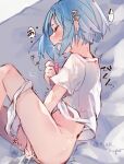  1girl blue_hair bottomless closed_eyes female_ejaculation female_orgasm hair_ornament hairpin highres lying mahou_shoujo_madoka_magica masturbation miki_sayaka moaning mzk_super on_bed on_side orgasm panties pussy_juice short_hair solo sweat underwear 