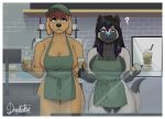  5_fingers anthro apron apron_only areola areola_slip canid canine canis clothing digital_media_(artwork) doggomeatball domestic_dog duo eyebrows eyelashes female fingers front_view genitals hair hat headgear headwear hi_res holding_object i_mean_breast_milk mammal meme mostly_nude pussy question_mark 