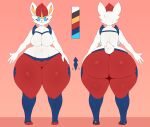  anthro big_breasts big_butt blue_eyes bottomwear breasts butt cinderace clothing featureless_breasts female generation_8_pokemon hand_on_hip hi_res huge_butt huge_hips huge_thighs kkoart looking_at_viewer model_sheet navel nintendo pants pokemon pokemon_(species) pupils smile solo thick_thighs video_games white_body white_pupils wide_hips 