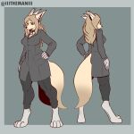  1:1 4_toes absurd_res anthro barefoot black_nose blonde_hair breasts brown_eyes clothing coat collar feet female fluffy fluffy_tail fur grey_body hair hand_on_hip hi_res horn hybrid long_hair looking_at_viewer mammal model_sheet solo standing tan_body tan_fur the_man toes topwear 