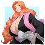  1girl absurdres bleach blue_eyes breasts cleavage clothes collar hair_intakes haori highres huge_breasts japanese_clothes jewelry large_breasts lips long_hair looking_at_viewer matsumoto_rangiku mole mole_under_mouth necklace one_eye_closed orange_hair simmsy smile solo taichou_haori thick_lips upper_body 