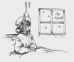  1girl admire_vega_(umamusume) animal_ears bangs blanket closed_mouth greyscale hat highres horse_ears little_red_riding_hood long_hair long_sleeves looking_to_the_side mame_nabe_donko mob_cap monochrome monocle own_hands_together pillow shirt sideways_mouth solo star_(symbol) translation_request umamusume under_covers window 