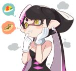  1girl bare_shoulders black_hair breasts callie_(splatoon) cross-shaped_pupils detached_collar drooling earrings finger_to_mouth food food_on_head gradient_hair hand_on_own_face hands_up highres jewelry long_hair medium_breasts mole mole_under_eye multicolored_hair object_on_head omelet pointy_ears puchiman purple_hair simple_background solo splatoon_(series) splatoon_1 takoyaki tentacle_hair thought_bubble two-tone_hair white_background yellow_eyes 
