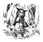  1girl ahoge animal_ears apron bangs basket blank_eyes breasts cloak forest full_body greyscale hand_up holding holding_basket hood hooded_cloak horse_ears horse_girl horse_tail little_red_riding_hood long_sleeves mame_nabe_donko meisho_doto_(umamusume) monochrome nature open_mouth shirt skirt solo standing sweat tail translation_request tree turn_pale umamusume waist_apron wilted_ahoge 