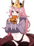  1girl black_nails breasts burger burger_king claws company_name copyright demon_girl demon_horns demon_tail ear_piercing fingernails food freckles hair_ornament hairclip highres holding holding_food horns june_(megrocks) long_hair navel original piercing pink_hair pointy_ears red_eyes rukiadaichi solo sweater tail thighhighs underwear 