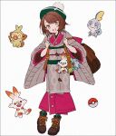  1girl :d adapted_costume backpack bag bob_cut boots brown_bag brown_eyes brown_footwear brown_hair buttons cable_knit character_doll full_body gloria_(pokemon) green_headwear green_socks grookey hakusai_(tiahszld) hands_up hat holding_strap japanese_clothes kimono looking_at_viewer open_mouth pink_kimono plaid_socks poke_ball_symbol pokemon pokemon_(game) pokemon_swsh scorbunny short_hair simple_background smile sobble socks tam_o&#039;_shanter white_background 