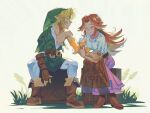  1boy 1girl applying_bandages bandaged_arm bandages blonde_hair blue_eyes boots box brown_footwear brown_hair dirty dirty_clothes earrings fingerless_gloves gloves grass green_headwear green_tunic injury jewelry link looking_at_another malon pointy_ears sitting the_legend_of_zelda the_legend_of_zelda:_ocarina_of_time uzucake 