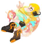  1girl absurdres bandaid bandaid_on_hand bandaid_on_leg bangs black_footwear black_shorts blonde_hair boots closed_mouth crying dated finger_gun from_side headphones highres hood hooded_jacket inkling inkling_girl jacket kumo_(kumo_hsc0216) long_sleeves octarian octotrooper short_hair shorts signature splatoon_(series) splatoon_2 tears tentacle_hair tentacles yellow_jacket 