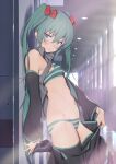  1girl against_wall aqua_eyes aqua_hair aqua_nails aqua_necktie black_skirt black_sleeves black_thighhighs blush bow bra breasts clothes_pull detached_sleeves fingernails furuyama_itaru grey_shirt hair_between_eyes hair_bow hall hatsune_miku long_hair looking_at_viewer nail_polish navel necktie open_clothes open_shirt panties pulled_by_self red_bow shirt skirt skirt_pull small_breasts solo striped striped_bra striped_panties thighhighs twintails underwear vocaloid 