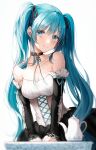  1girl aqua_eyes aqua_hair bangs bare_shoulders breasts collarbone commentary cross-laced_clothes dalhaesi1304 detached_sleeves dress hair_ornament hand_on_table hatsune_miku highres long_hair looking_at_viewer pendant_choker simple_background smile twintails very_long_hair vocaloid 