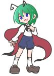  1girl :d antennae black_cape blue_eyes blue_shorts brown_footwear cape full_body green_hair looking_at_viewer open_mouth puyopuyo shinmon_akika shirt shorts simple_background smile socks solo standing touhou white_background white_shirt white_socks wriggle_nightbug 