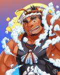  1boy :d ahoge arm_behind_head arm_hair arm_up armpits bara black_hair black_tank_top blue_background blurry blush bubble collarbone commentary_request dark-skinned_male dark_skin depth_of_field ei_(marutendon) facial_hair gem goatee gradient gradient_background hachimaki halo headband highres jewelry large_pectorals long_sideburns looking_at_viewer mature_male multicolored_hair muscular muscular_male necklace nipple_slip nipples one_eye_closed orange_hair pearl_(gemstone) pectorals purple_background sarutahiko_(housamo) shell shell_necklace sideburns signature smile tank_top thick_eyebrows tokyo_afterschool_summoners two-tone_hair undercut upper_body 