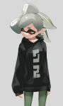  1girl alternate_costume arms_at_sides brown_eyes closed_mouth cowboy_shot cross-shaped_pupils gradient_hair green_hair green_pantyhose grey_hair highres hood hood_down legs_apart long_sleeves looking_to_the_side marie_(splatoon) multicolored_hair pantyhose pointy_ears puchiman short_hair sleeves_past_wrists smile solo splatoon_(series) suction_cups tentacle_hair two-tone_hair 