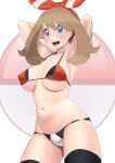  1girl adapted_costume alternate_breast_size arms_behind_head bangs bikini black_thighhighs bow_hairband breasts brown_hair commentary_request cowboy_shot eyelashes grey_eyes hairband highres large_breasts long_hair may_(pokemon) navel open_mouth outline poke_ball_symbol pokemon pokemon_(game) pokemon_oras red_hairband smile solo swimsuit teeth thighhighs tongue upper_teeth white_background xin_lan_deng 