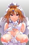  1girl aoshima_yoshihiko breasts breasts_out bridal_veil brown_hair commission dress girls&#039;_frontline gloves grizzly_mkv_(girls&#039;_frontline) grizzly_mkv_(rain_on_a_starry_night)_(girls&#039;_frontline) highres large_breasts looking_at_viewer nipples purple_eyes sagging_breasts short_hair skeb_commission smile solo upper_body veil wedding_dress white_dress white_gloves white_veil 