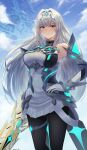  1girl aegis_sword_(xenoblade) alternate_costume bare_shoulders blue_eyes breasts chest_jewel cosplay doiparuni dress earrings elbow_gloves ethel_(xenoblade) gloves highres jewelry large_breasts long_hair mythra_(massive_melee)_(xenoblade) mythra_(xenoblade) mythra_(xenoblade)_(cosplay) short_dress solo super_smash_bros. thigh_strap tiara very_long_hair xenoblade_chronicles_(series) xenoblade_chronicles_2 xenoblade_chronicles_3 