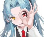  1girl angela_(project_moon) aqua_hair black_vest blue_nails eyelashes heterochromia korean_commentary kumo_(kumo_hsc0216) lobotomy_corporation long_hair looking_at_viewer nail_polish necktie ok_sign ok_sign_over_eye one_side_up orange_eyes parted_lips portrait project_moon red_eyes red_necktie shirt simple_background solo vest white_background white_shirt 