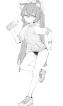  1girl absurdres animal_ear_fluff animal_ears bangs bare_legs blue_archive bottle buruma full_body greyscale gym_uniform hair_between_eyes hair_ribbon highres holding holding_bottle long_hair looking_at_viewer lpleader monochrome parted_lips ribbon serika_(blue_archive) shoes short_sleeves simple_background solo standing standing_on_one_leg twintails very_long_hair white_background 