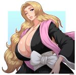  1girl absurdres alternate_hair_color bleach blonde_hair blue_eyes breasts cleavage clothes collar hair_intakes haori highres huge_breasts japanese_clothes jewelry large_breasts lips long_hair looking_at_viewer matsumoto_rangiku mole mole_under_mouth necklace one_eye_closed simmsy smile solo taichou_haori thick_lips upper_body 