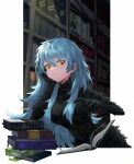 1girl absurdres aqua_hair bangs black_dress book bookshelf breasts character_request closed_mouth commentary dress fur fur_dress hair_between_eyes hand_on_own_cheek hand_on_own_face highres kumo_(kumo_hsc0216) library library_of_ruina long_hair long_sleeves open_book orange_eyes project_moon slime_(substance) solo symbol-only_commentary upper_body 