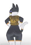  animal_crossing anthro biped black_body bottomless clothed clothing clothing_lift domestic_cat felid feline felis half-closed_eyes hi_res looking_at_viewer looking_back looking_back_at_viewer male mammal narrowed_eyes nintendo punchy_(animal_crossing) rear_view shirt shirt_lift simple_background sincastermon solo text topwear url video_games whiskers white_background white_body 