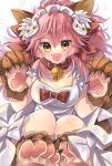  1girl animal_ear_fluff animal_ears animal_hands apron bell blush blush_stickers breasts cat_hair_ornament cat_paws cleavage collar fang fate/grand_order fate_(series) fox_ears fox_girl fox_tail gloves hair_ornament hairclip highres jingle_bell large_breasts long_hair looking_at_viewer maid_headdress naked_apron neck_bell open_mouth paw_gloves paw_shoes pink_hair ponytail solo sparkle tail tamamo_(fate) tamamo_cat_(fate) tamamo_cat_(third_ascension)_(fate) user_kkns5375 yellow_eyes 