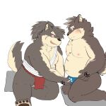  anthro asian_clothing belly bulge canid canine canis clothing domestic_dog duo east_asian_clothing fundoshi fy_bigcat hair japanese_clothing lifewonders male male/male mammal moritaka musclegut navel nipples pecs ponytail scar shino_(housamo) tokyo_afterschool_summoners touching_bulge underwear video_games 