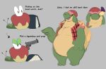  anthro appletun applin belly book covered_eyes english_text evolutionary_family feral generation_8_pokemon green_body gun handgun hay hi_res humor male nintendo overweight pecs pistol pokemon pokemon_(species) ranged_weapon ridmiz_hyena scalie solo text video_games weapon 