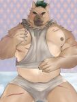  anthro belly blush brown_body brown_fur bulge canid canine canis clothing domestic_dog fur green_hair hair hi_res lifewonders male mammal musclegut nipples pecs salz_sop scar shirt solo tank_top tokyo_afterschool_summoners topknot topwear underwear video_games yasuyori 