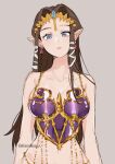  1girl bird blue_eyes braid breasts brown_hair crow earrings hanabelink highres jewelry large_breasts lipstick long_hair makeup metal_bra pointy_ears princess_zelda sketch solo the_legend_of_zelda the_legend_of_zelda:_twilight_princess twin_braids twitter_username 