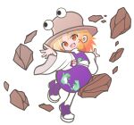  1girl :d animal_print blonde_hair brown_headwear frog_print long_sleeves looking_at_viewer moriya_suwako open_mouth orange_eyes purple_footwear purple_skirt purple_vest puyopuyo rock shinmon_akika short_hair sidelocks simple_background skirt smile solo touhou vest white_background wide_sleeves 