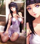  1girl bare_arms bare_legs black_hair breasts cleavage collarbone dappled_sunlight dress esther_shen grey_dress hime_cut hyuuga_hinata large_breasts long_hair looking_at_viewer naruto_(series) naruto_shippuuden parted_lips pink_lips purple_eyes short_dress signature sitting sleeveless sleeveless_dress solo straight_hair strap_slip sundress sunlight very_long_hair 