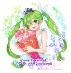  1girl ;d anniversary bangs bare_arms bare_shoulders bouquet collarbone flower frey_(rune_factory) gem green_eyes hair_between_eyes hair_ribbon highres holding holding_bouquet light_green_hair looking_at_viewer one_eye_closed pink_flower pink_gemstone puchiman ribbon rune_factory rune_factory_4 smile solo teeth twintails twitter_username white_background white_flower white_ribbon 