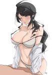  1girl ;o absurdres arm_support artist_name bangs black_hair blush bra breasts byeon clothed_masturbation collarbone crotch_rub dress_shirt eyes_visible_through_hair female_masturbation grey_eyes hair_ornament hair_tie hairclip highres ibu_wulan large_breasts long_hair long_sleeves low_ponytail masturbation masturbation_through_clothes mature_female mole mole_under_mouth navel nipple_slip nipples off_shoulder one_eye_closed open_clothes open_shirt original panties pussy_juice shirt solo stomach swept_bangs table table_sex underwear white_background white_bra white_panties white_shirt 