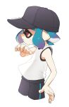  1girl bare_arms bare_shoulders baseball_cap black_headwear flat_chest gradient_hair hat highres inkling inkling_girl multicolored_hair pink_eyes pointy_ears puchiman short_hair simple_background single_vertical_stripe solo splatoon_(series) suction_cups sweat tank_top tentacle_hair twitter_username two-tone_hair white_background white_tank_top 