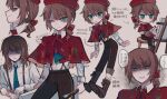  1boy :o artist_name beret blood blood_on_clothes blue_eyes blue_necktie boots bow breast_pocket brown_hair capelet censored clenched_teeth closed_mouth collared_shirt easel edgar_valden from_side grey_background hair_bow hair_down hat holding holding_paintbrush identity_v long_sleeves looking_at_viewer low_ponytail male_focus mosaic_censoring multiple_views necktie no_headwear one_eye_closed open_mouth paint paint_splatter paintbrush painting_(action) palette_(object) pocket ponytail red_bow red_capelet red_headwear scared self_harm shaded_face shirt single_drill sitting sleeve_rolled_up smirk speech_bubble stool suspenders symbol-shaped_pupils teeth tendenbarabara trembling twitter_username white_shirt wide-eyed wrist_cutting x-shaped_pupils 