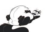  2022 anthro belly big_belly black_and_white_body black_and_white_fur clenched_teeth fur half-closed_eyes hand_on_stomach inner_ear_fluff looking_at_viewer looney_tunes lying male mammal mephitid narrowed_eyes nude obese obese_anthro obese_male on_back overweight overweight_anthro overweight_male pep&eacute;_le_pew remmyfox skunk smile smiling_at_viewer solo teeth tuft warner_brothers 