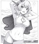  1girl absurdres arms_behind_head bikini braid breasts cleavage cleavage_cutout clothing_cutout colorado_(kancolle) dated greyscale h2_(h20000000) headgear highres horizon kantai_collection large_breasts monochrome navel ocean signature solo sun swimsuit thighhighs tilted_headwear 