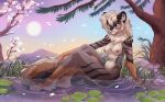  anthro blue_eyes breasts cherry_blossom cherry_tree felid feline female fluffy fluffy_tail fruit_tree fur hair ketty lily_pad mammal multicolored_body multicolored_fur nature nipples nude outside partially_submerged plant pond sitting solo sun tree water white_hair 
