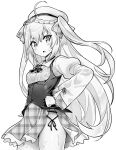  1girl ahoge azur_lane blush breasts crescent_(azur_lane) greyscale hand_on_hip hat hori_(hori_no_su) long_hair long_sleeves looking_at_viewer monochrome parted_lips simple_background small_breasts solo sweat white_background 